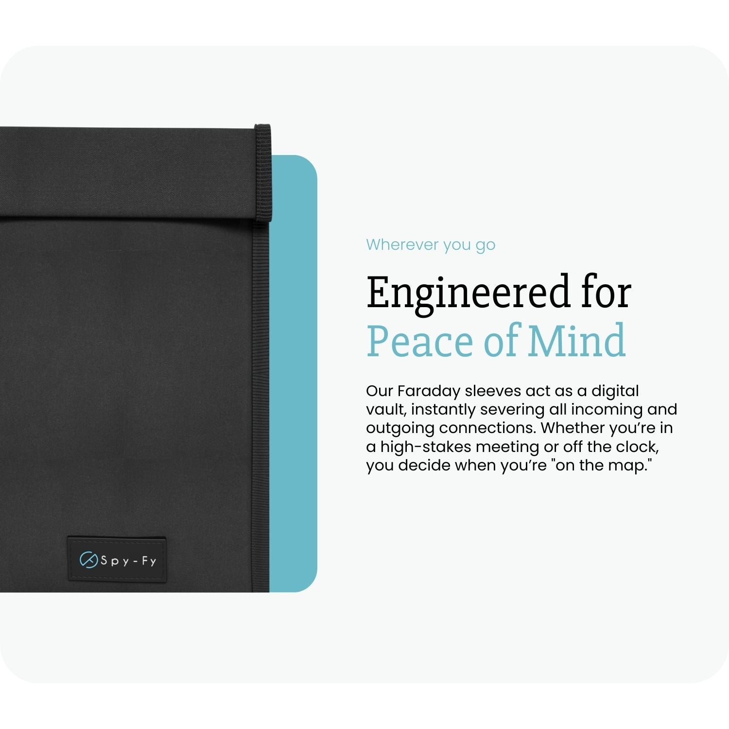 Black and blue Faraday sleeve with text about peace of mind and digital security.