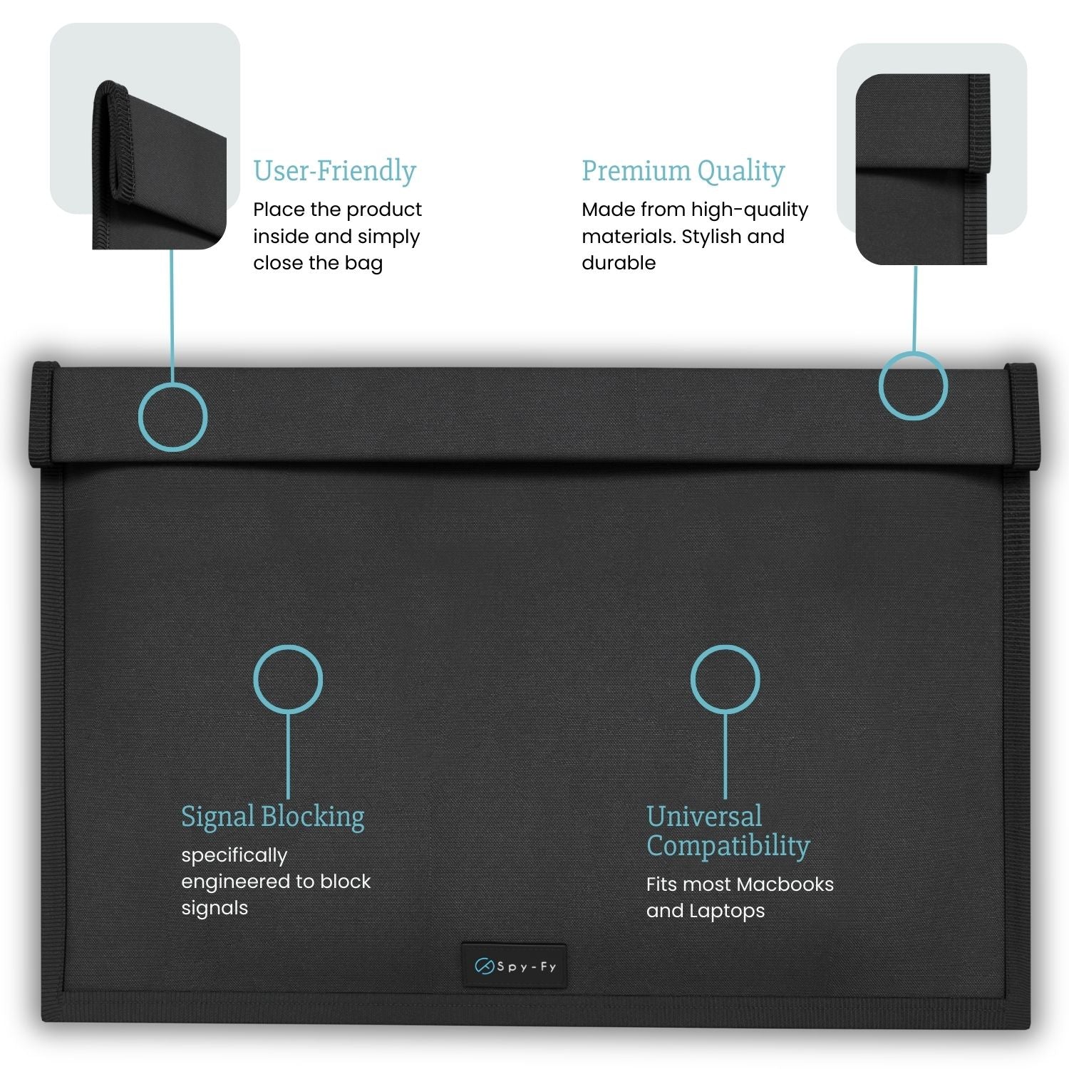 Black signal blocking pouch with text highlighting features on a white background