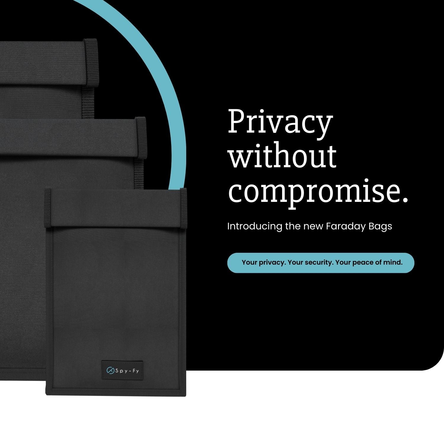 Black Faraday bags with text 'Privacy without compromise' on a dark background