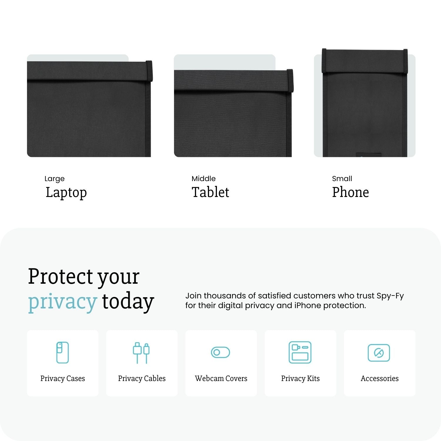 Three black privacy pouches labeled 'Large Laptop', 'Middle Tablet', and 'Small Phone' on a white background with promotional text.