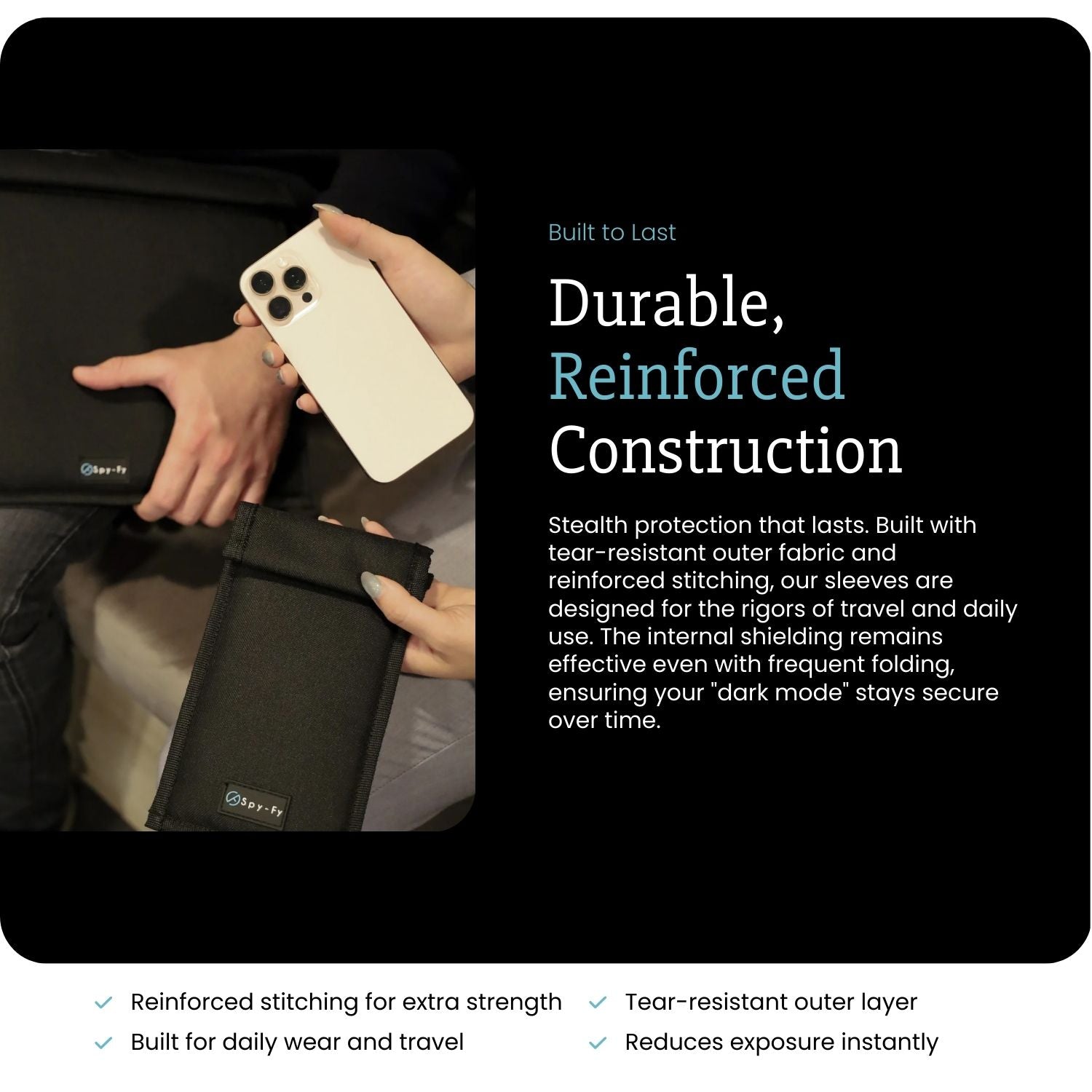 faraday Phone case with text about durability and construction